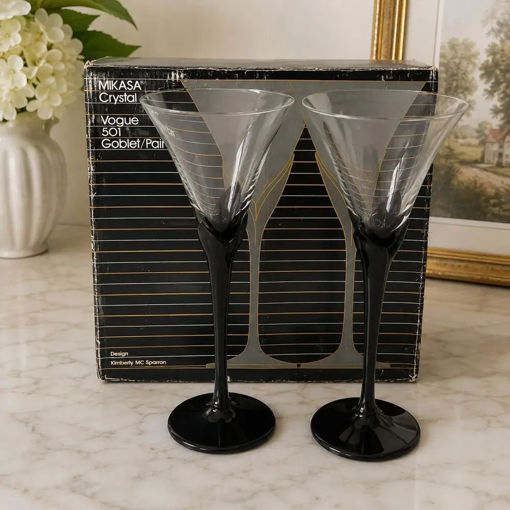 Vintage Mikasa Crystal Vogue 501 Goblet Pair Black Stem w/ Original Box